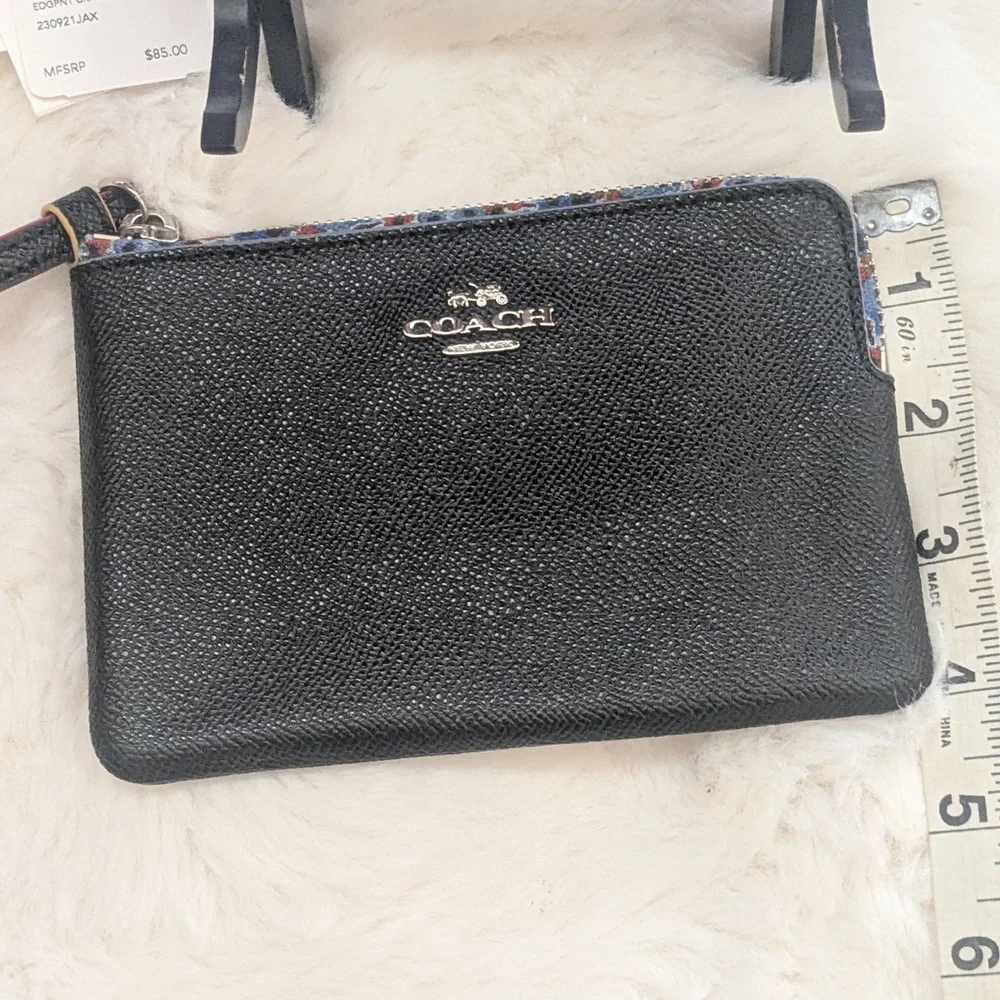 Coach Corner Zip Wristlet Black Crossgrain Leather Floral Trim Strap